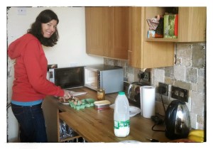 Rosie microwaving eggs for breakfast - there's no working oven or cooktop